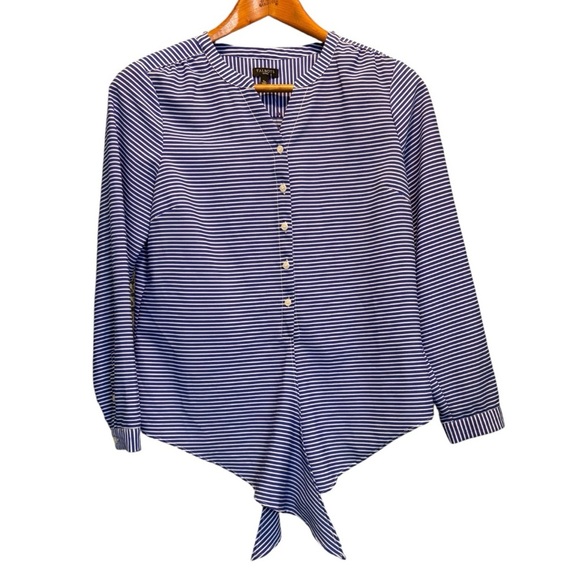 Talbots Blue & White Striped Blouse Size Small P Long Sleeve V Neck Tie Front - Picture 5 of 8